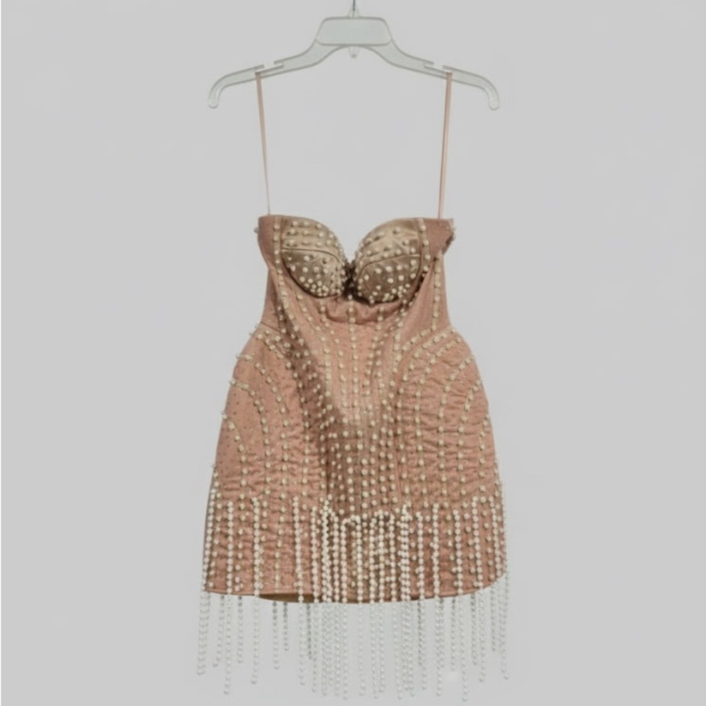 Strapless Dress in Tan with Pearl Accents